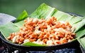 Closed up fried Thai street food style meat ball on banana leaf