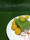 Thai sweet desert on green banana leafs