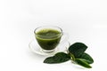Closed Up, Isolate Hot fresh Green Tea in through sight glass and dishware. Place with freshness Green Tea leaves on white backgro