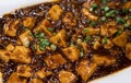 Closed up of Mapo tofu recipe, a popular Chinese dish consist of tofu set in a spicy saucei, along with minced meat, traditionally