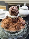 Closed up shave ice with chocolate and ice cream