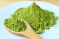 Closed Up a Spoon of Vibrant Green Matcha Tea Powder on a Plate with Blurry Green Tea Powder Pile in Background Royalty Free Stock Photo