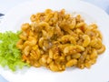 Closed up stir fried macaroni with chicken