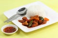 Closed up Stir fried seafood with chili paste and steam rice