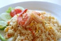 Closed up Thai style shrimp fried rice served on white plate with selective focus Royalty Free Stock Photo