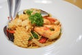 Closed up Thai style Spicy seafood Spaghetti dish