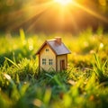 Closed up tiny home model on green grass with sunlight background Royalty Free Stock Photo