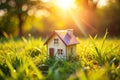 Closed up tiny home model object on green grass with sunlight background Royalty Free Stock Photo