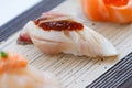 Closed-Up Torched Hamachi Yellowtail Fish Sushi. Royalty Free Stock Photo