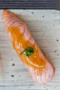 Closed-Up Torched Salmoni Sushi Topping with Sauce. Royalty Free Stock Photo