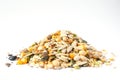 Closed up variety kinds of natural organic cereal and grain seed pile on white background