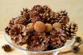 Closed up various type and size of many natural dry pine cones in a glass compote