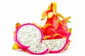 Closed up Vivid and Vibrant Dragon Fruit against for sale in a local food market. dragon fruits against white background