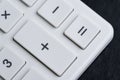 Closed up of white calculator buttons such as plus, minus, multiply and equal on black leather using as maths, investment banking