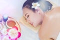 Closed up woman aroma oil massage on a beautiful woman back in Thai Spa aromatherapy Royalty Free Stock Photo