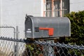 Closed US mailbox approved by the postmaster general with lowered red flag on wooden post next to chain link fence