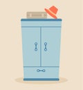 Closed wardrobe with a suitcase and a hat on top of the wardrobe. Flat vector illustration on a color background.