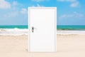 Closed White Door on the Ocean or Sea Sand Beach by Reason of Coronavirus 2019-nCoV COVID-19 Quarantine. 3d Rendering