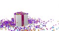 Closed white gift box opens surprisingly and many blue, yellow, red and purple balls come out on white background. 3d animation