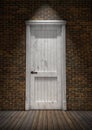 Closed white vintage door in brick wall. 3d rendering