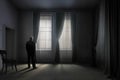 A closed window curtains the interior of a room where a lonely man wearing a black suit mourns his lost Psychology