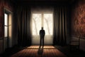 A closed window curtains the interior of a room where a lonely man wearing a black suit mourns his lost Psychology