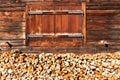 Closed window and stacked firewood of old alpine hut. Rural alpine scenery Royalty Free Stock Photo