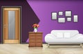 Closed wood door with white sofa and pillows on purple wall