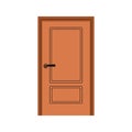 Closed wooden door. Doorframe with doorknob for entrance, exit. Doorway close. Shut entry to house, room, apartment