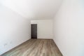 Closed wooden door in empty bright room. New home interior. Wooden floor. White walls Royalty Free Stock Photo