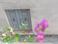 Closed wooden front door to a home with blurred flowers in foreground . View from above Royalty Free Stock Photo