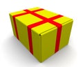 Closed yellow box is wrapped in red adhesive tape