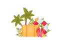 Closed yellow suitcase near the palm tree. Vector illustration on white background.