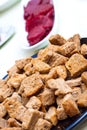 Closee up of croutons with beet in the backgroung Royalty Free Stock Photo