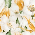 Closely arranged white jasmine flowers among ylang ylang watercolor seamless pattern