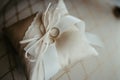 Two gold wedding rings resting on top of a white satin pillow, tied with a white ribbon bow Royalty Free Stock Photo