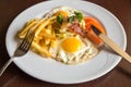 Closep breakfast with fried potato bacon eggs