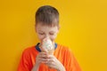 Baby boy kid eating vanilla ice cream with colorful candy in waffles cone and happy smiling on yellow background with free text Royalty Free Stock Photo
