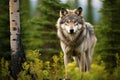 Closer up portrait of a gray wolf in the taiga in summer