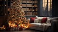 Closer view of a Christmas silver gold and red tree with many red and white gifts in front of a wall bookcase and a sofa