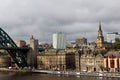 Closer view at the historical buildings at the river tyne under a cloudy sky in newcastle north east england united kingdom