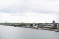 Closer view on historical buildings on a riverbank at the rhine river from the bridge in mainz germany Royalty Free Stock Photo