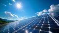 A closer view of the solar panel arrays set against a clear blue sky with tered clouds. .