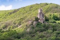 Closer view of Sooneck Castle on the river Rhine, lit by bright sunlight on summer\'s day