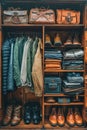 A closet full of clothes and shoes, with a brown box in the middle. Generative AI Royalty Free Stock Photo