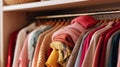 A closet with many colorful clothes on hangers, AI Royalty Free Stock Photo