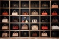 Closet With Shelves Showcasing Collection Of Designer Handbags. Generative AI