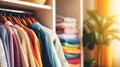 A closet with a variety of colorful shirts hanging on the rack, AI Royalty Free Stock Photo