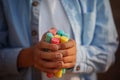 Closeuop childs hands holding colored chalks for drawing. Royalty Free Stock Photo