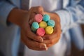 Closeuop childs hands holding colored chalks for drawing. Royalty Free Stock Photo